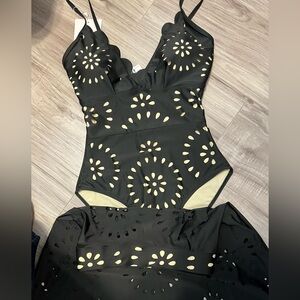 Vibecurve Flower Hollow Floral One Piece Swimsuit and Maxi Skirt Coverup Black M